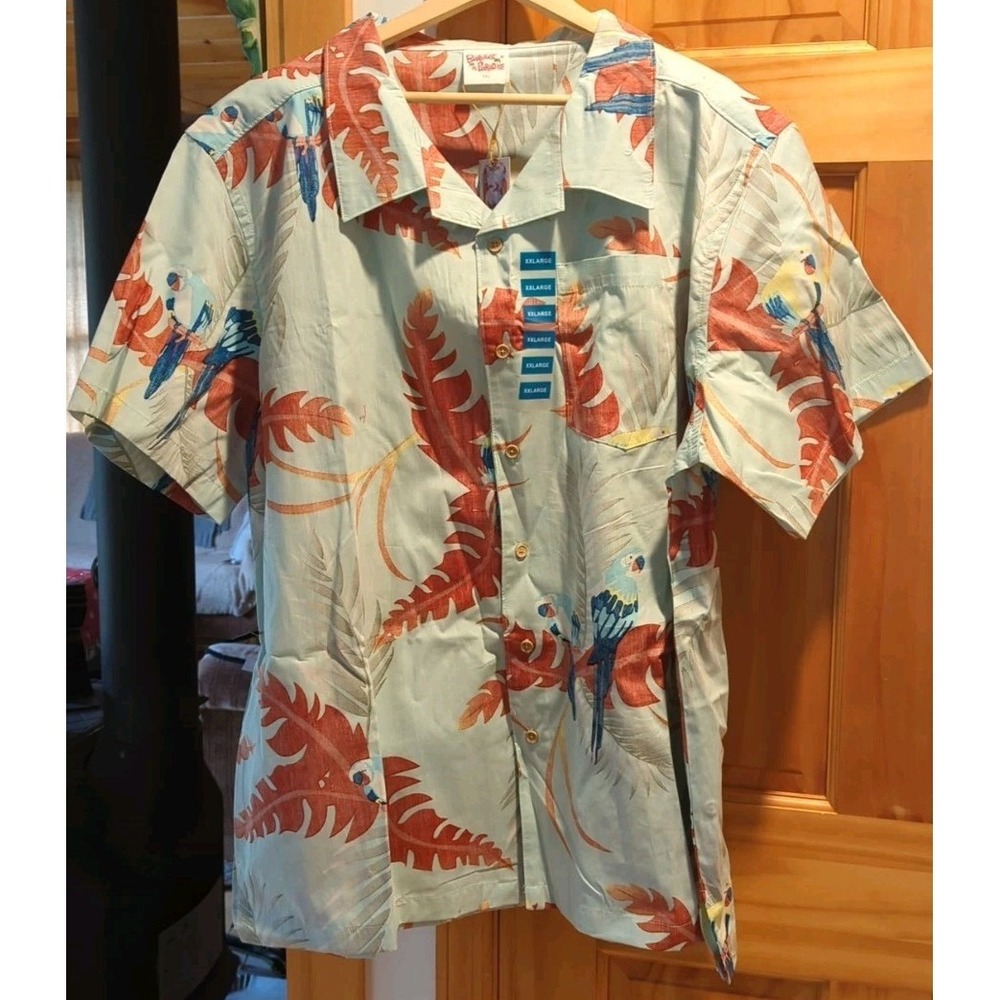 Barefoot in Paradise Men's Lt Blue Bird Hawaiian Button Down Shirt Size XXLarge‎